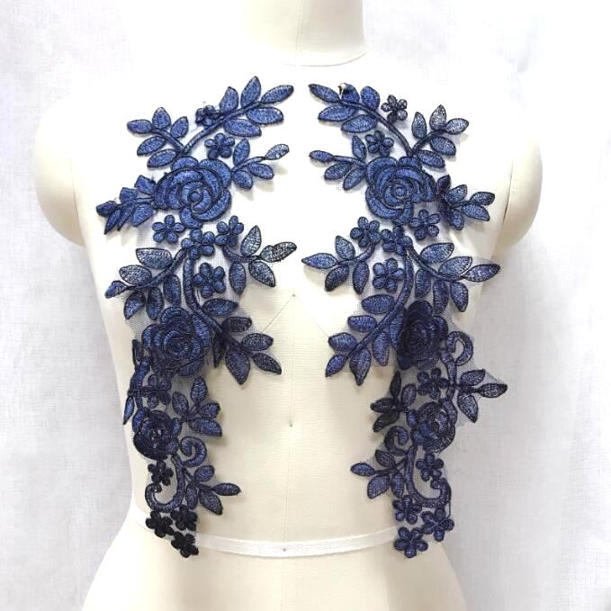 Embroidered Lace Appliques Navy Blue Floral Venice Lace Mirror Pair Patch 14 BL128X