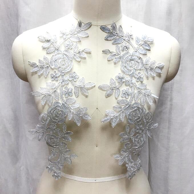 Embroidered Lace Appliques Silver Floral Venice Lace Mirror Pair Patch 14 BL128X