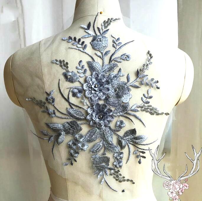 3 Dimensional Embroidered Lace Applique silver Floral 15 BL130