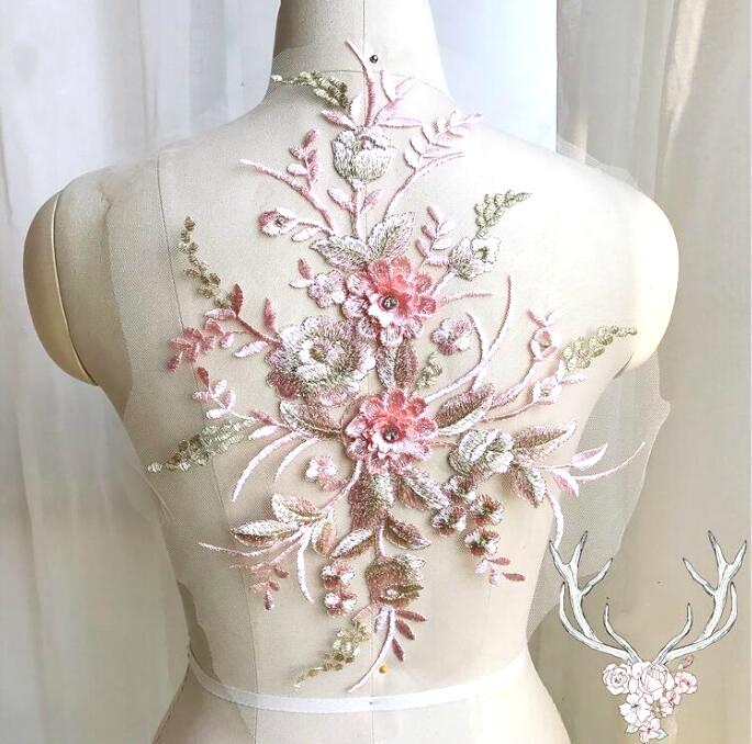 3 Dimensional Embroidered Lace Applique Pink Floral 15 BL130