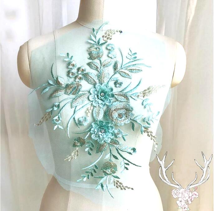 3 Dimensional Embroidered Lace Applique Teal Gold Floral 15 BL130