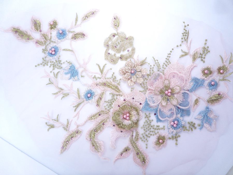 Three Dimensional Applique Embroidered Lace Shiny Pink Blue Gold Sewing Dance Motif Floral Design 13.75 BL136