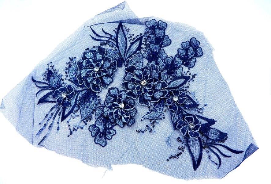3D Embroidered Lace Applique Navy Blue Floral Venice Lace Patch 14.5 (BL137)