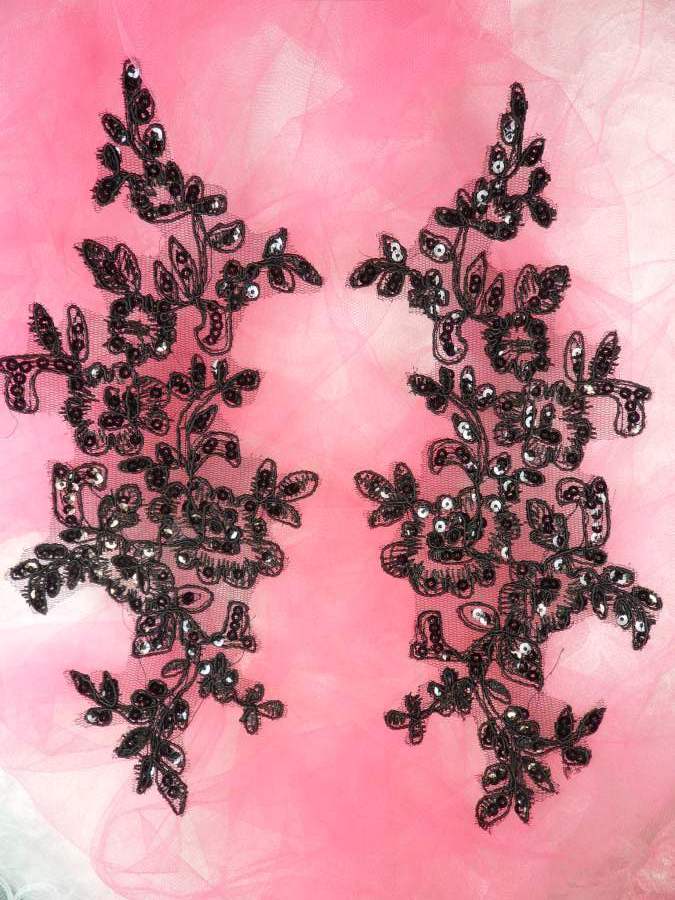 Sequin Embroidered Venice Lace Appliques Black Floral Venice Lace Mirror Pair 10 (BL156X)