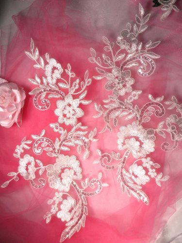 BL29 White Floral Venise Lace Mirror Pair Sequin Appliques 13