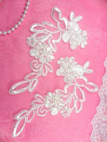 BL3 Antique White Floral Venise Lace Mirror Pair Pearl Sequin Appliques 7