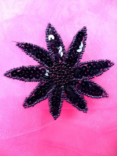 BL42 Black Gunmetal Floral Sequin Beaded Applique 3