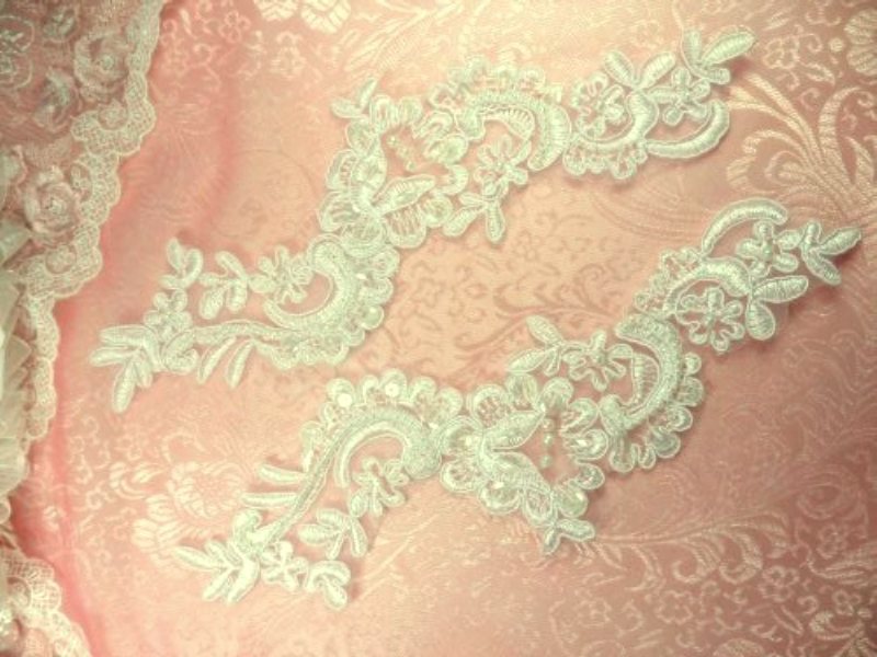 Antique White Floral Venise Lace Mirror Pair Pearl Sequin Appliques 9 (BL4X)