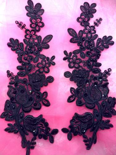 BL6 Black Floral Venise Lace Mirror Pair Pearl Sequin Appliques 10