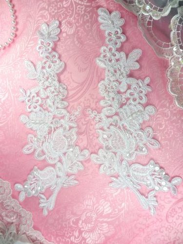 BL6 White Floral Venise Lace Mirror Pair Pearl Sequin Appliques 10