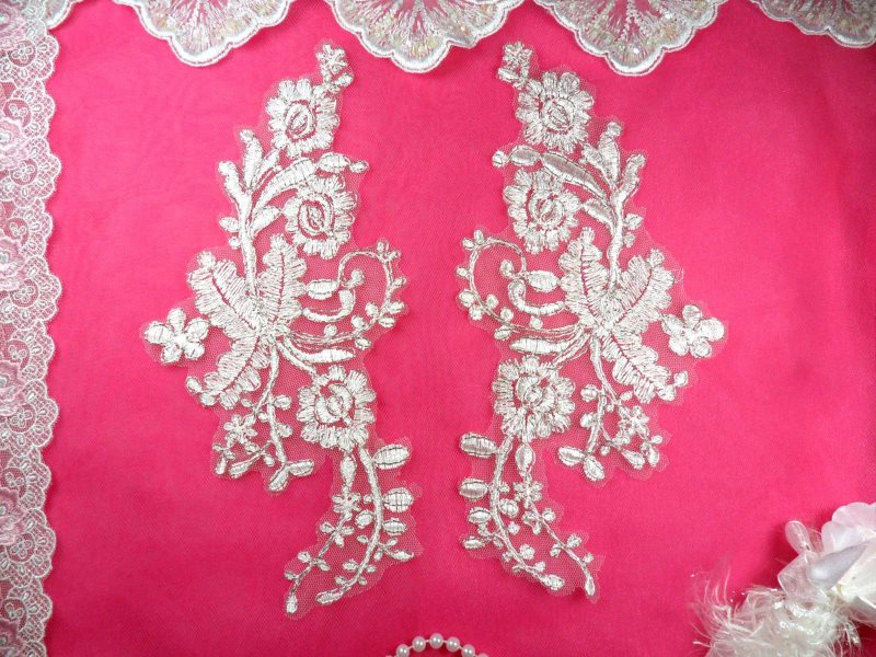 Mirror Pair Appliques White Silver Metallic Floral Venise Lace Embroidered 10 (BL84)