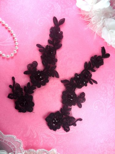 BL8 Black Floral Venise Lace Mirror Pair Sequin Appliques 7