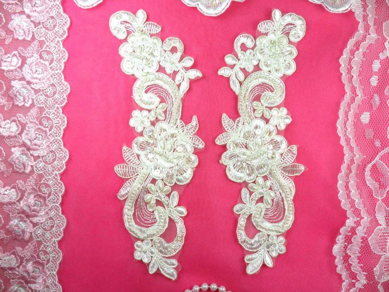 Venise Lace Mirror Pair Ivory Pearl Beaded Appliques 9 (BL90)