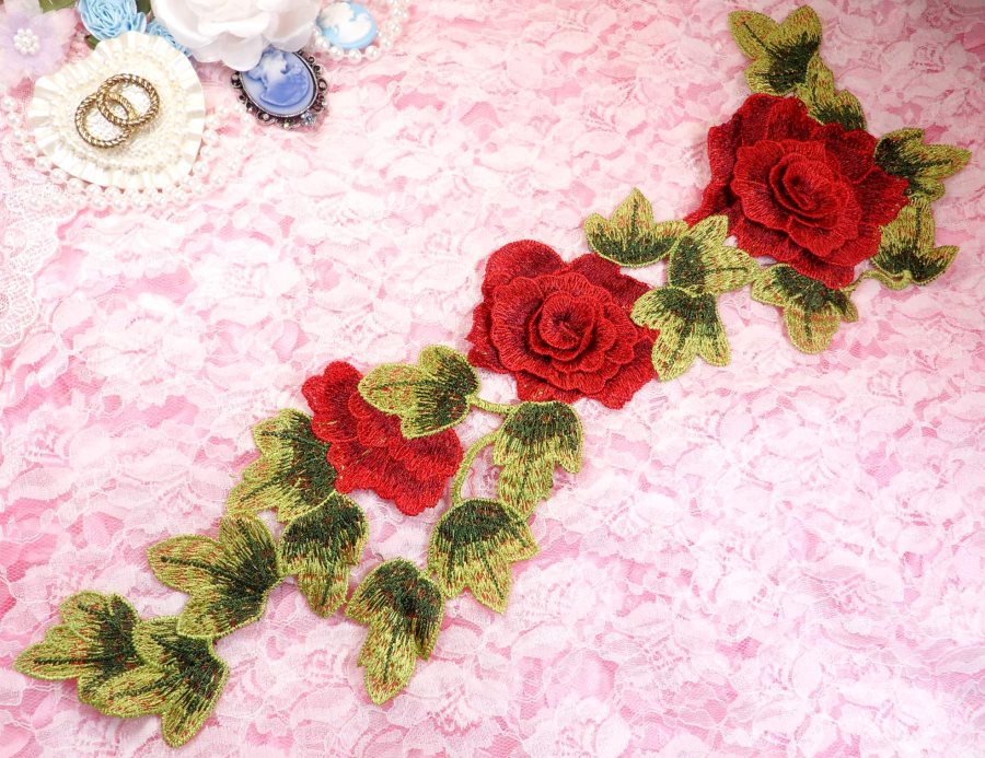 Embroidered Floral 3D Applique Red Craft Patch Clothing Motif 16.25 (BL95)