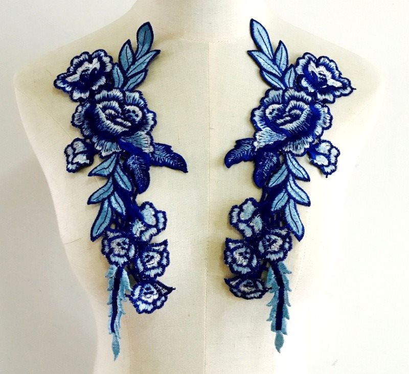 Embroidered Floral Applique Mirror Pair Blue Clothing Patch Craft Motif 11.5 (BL96X)