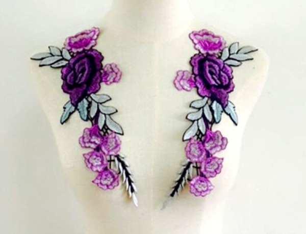 Embroidered Floral Applique Mirror Pair Purple Teal Clothing Patch Craft Motif 11.5 (BL96X)