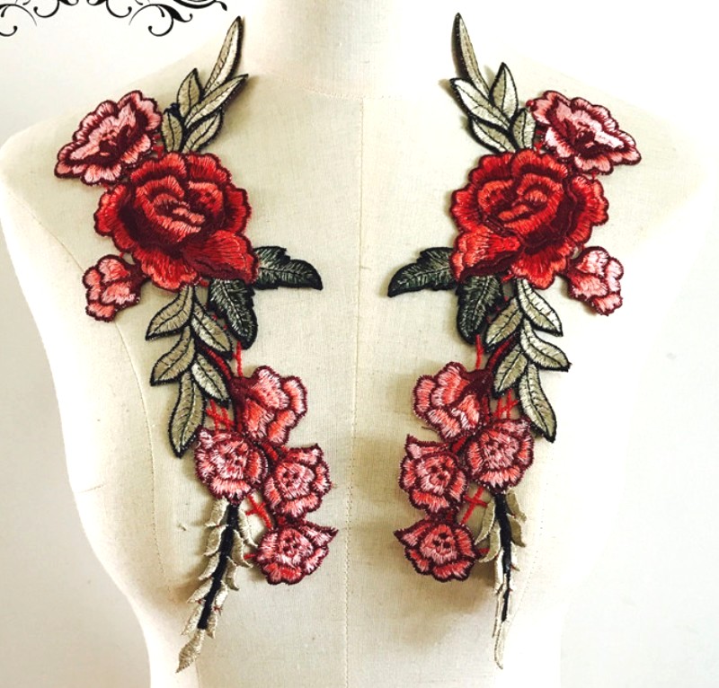 Embroidered Floral Applique Mirror Pair Red Clothing Patch Craft Motif 11.5 (BL96X)