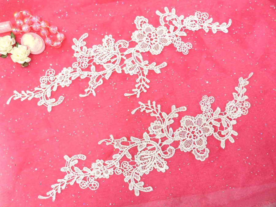 Embroidered Floral Applique Mirror Pair Antique White Clothing Patch Craft Motif 13.5 (BL98X)