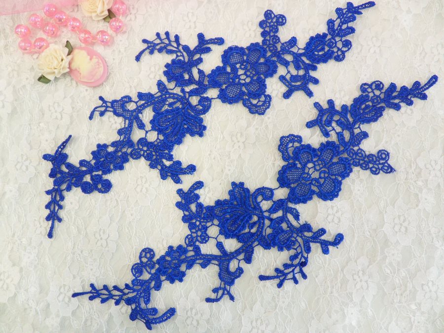 Embroidered Floral Applique Mirror Pair Blue Clothing Patch Craft Motif 13.5 (BL98X)