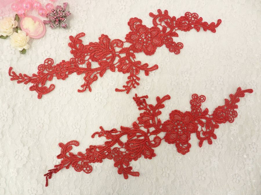 Embroidered Floral Applique Mirror Pair Brick Red Clothing Patch Craft Motif 13.5 (BL98X)