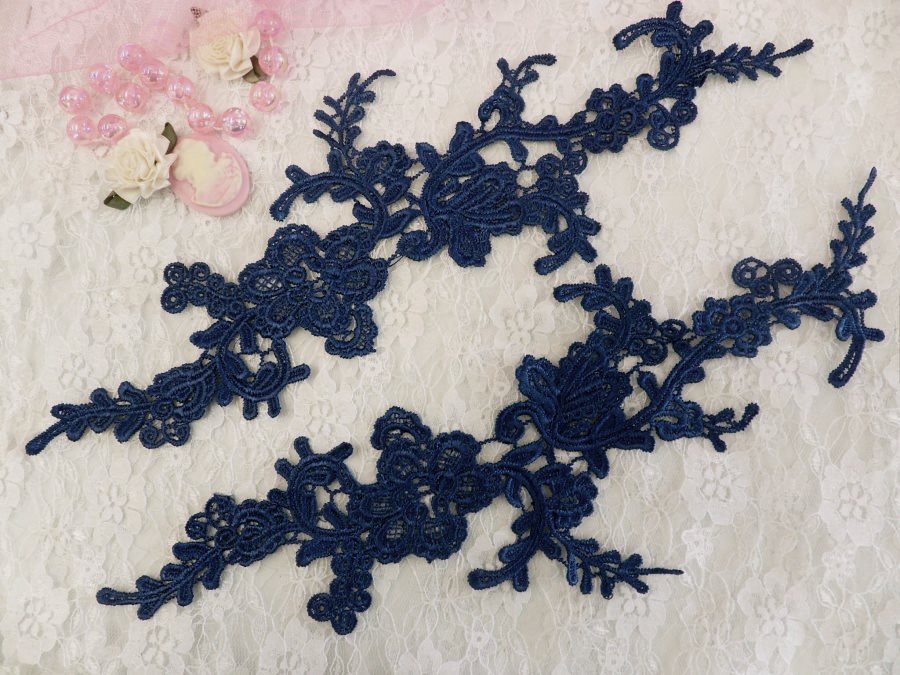 Embroidered Floral Applique Mirror Pair Navy Clothing Patch Craft Motif 13.5 (BL98X)
