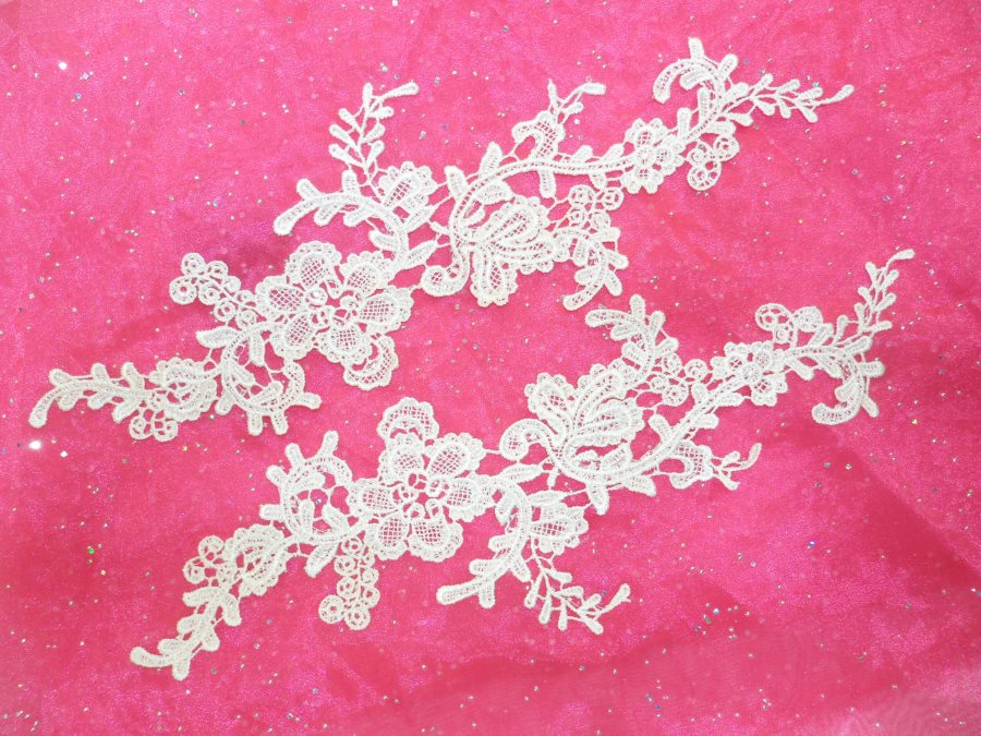 Embroidered Floral Applique Mirror Pair Ivory Clothing Patch Craft Motif 13.5 (BL98X)