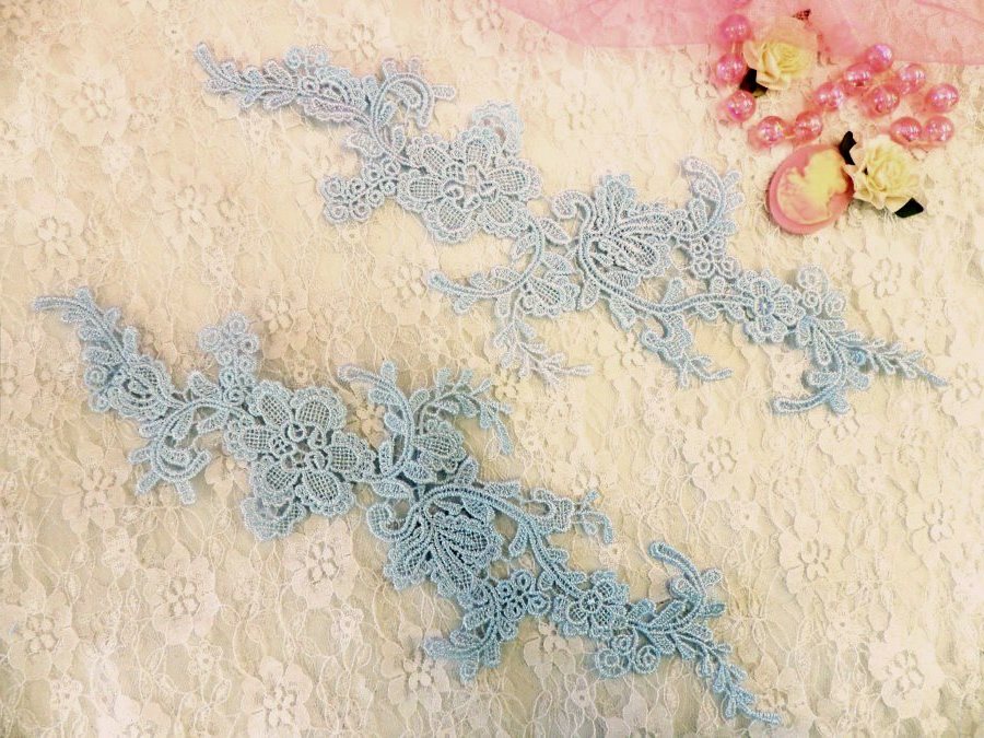 Embroidered Floral Applique Mirror Pair Light Blue Turquoise Clothing Patch Craft Motif 13.5 (BL98X)