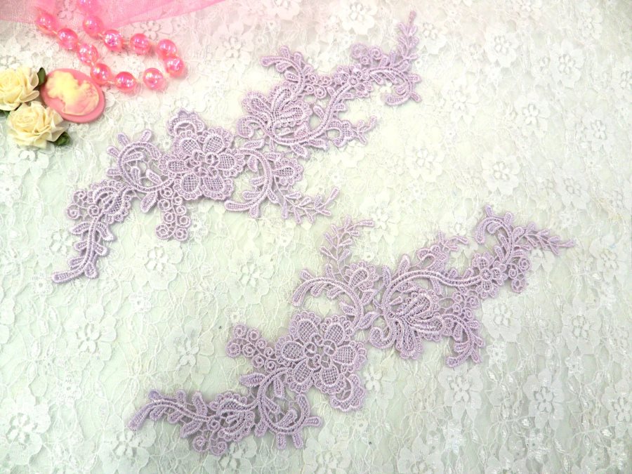 Embroidered Floral Applique Mirror Pair Light Lavender Clothing Patch Craft Motif 13.5 (BL98X)