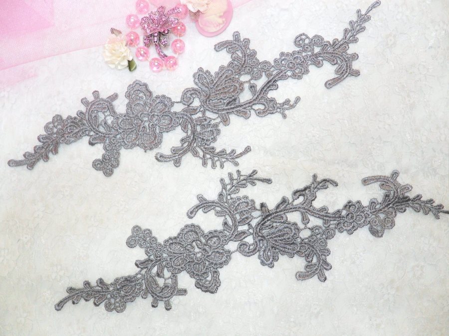 Embroidered Floral Applique Mirror Pair Pewter Clothing Patch Craft Motif 13.5 (BL98X)