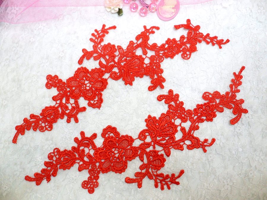Embroidered Floral Applique Mirror Pair Red Clothing Patch Craft Motif 13.5 (BL98X)