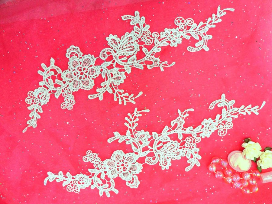 Embroidered Floral Applique Mirror Pair White Clothing Patch Craft Motif 13.5 (BL98X)