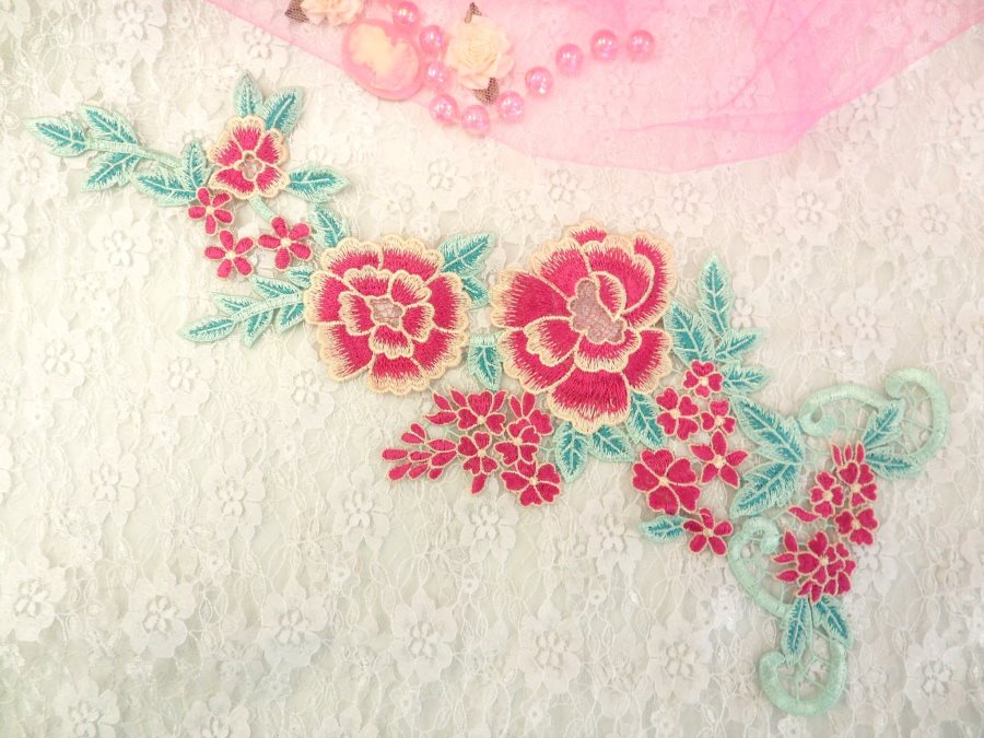 Embroidered Floral Applique Fuschia Teal Clothing Patch Craft Motif 15.5 (BL99)