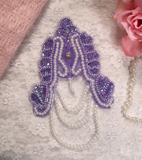 Lavender Victorian Epaulet  7 Sequin Beaded Applique 0080