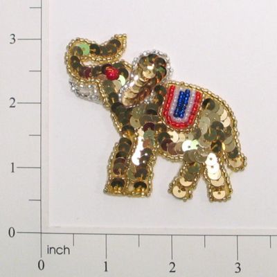 REPUBLICAN APPLIQUE GOLD ELEPHANT SEQUIN BEADED APPLIQUE PATCH 2.5 (E663)
