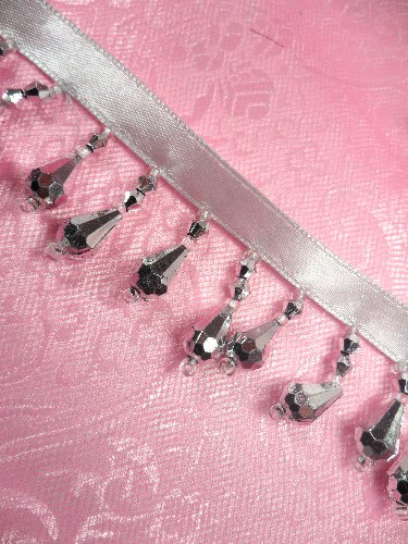REMNANT C1-MSL-21 C1 Metallic Silver Teardrop Beaded Fringe Sewing Trim