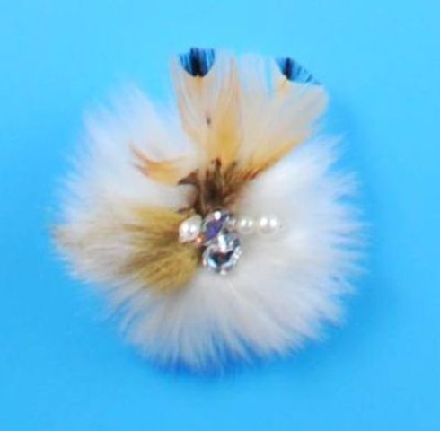 E4161  Ivory Feather Fur Pearl Rhinestone Brooch 3.5\