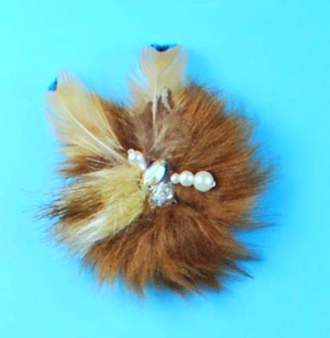 E4159  Dark Brown Feather Fur Pearl Rhinestone Brooch 3.5