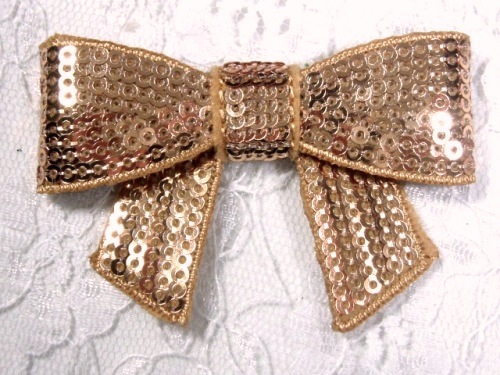 DE1   Dimensional Bow Iron On Gold Sequin Applique 2.5