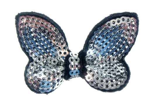 DE2 Silver Black Butterfly Sequin Hair Bow Applique 2.25