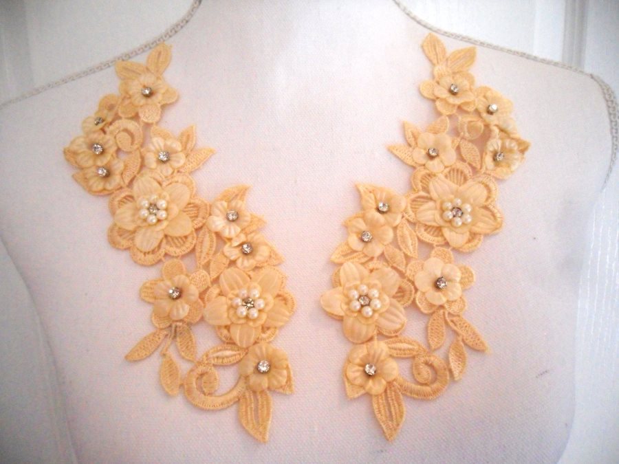 3D Venice Lace Applique Gold Floral Venise Lace with Crystal Rhinestones and Pearls 8 (DH101X)