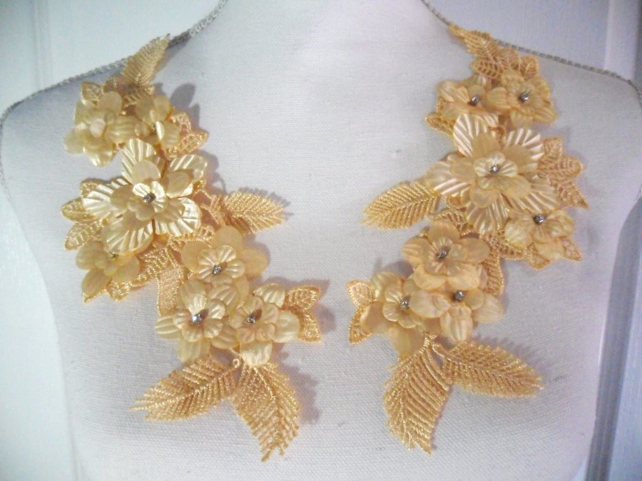 Venice Lace 3D Gold Applique Floral Venise Lace with Crystal Rhinestones 9 (DH102X)