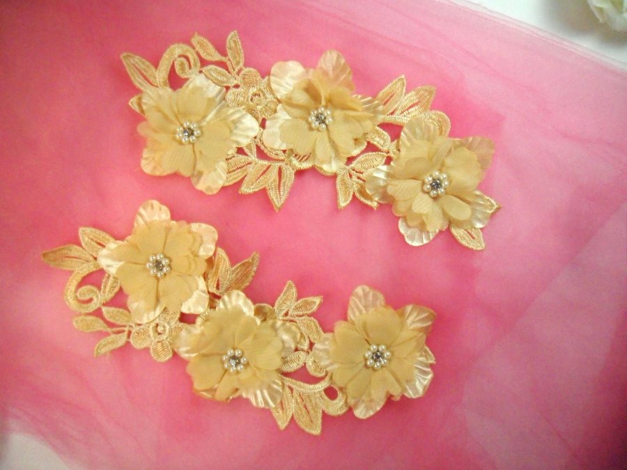 Venice Lace 3D Gold Applique Floral Venise Lace with Crystal Rhinestones and Pearls 9 (DH103X)