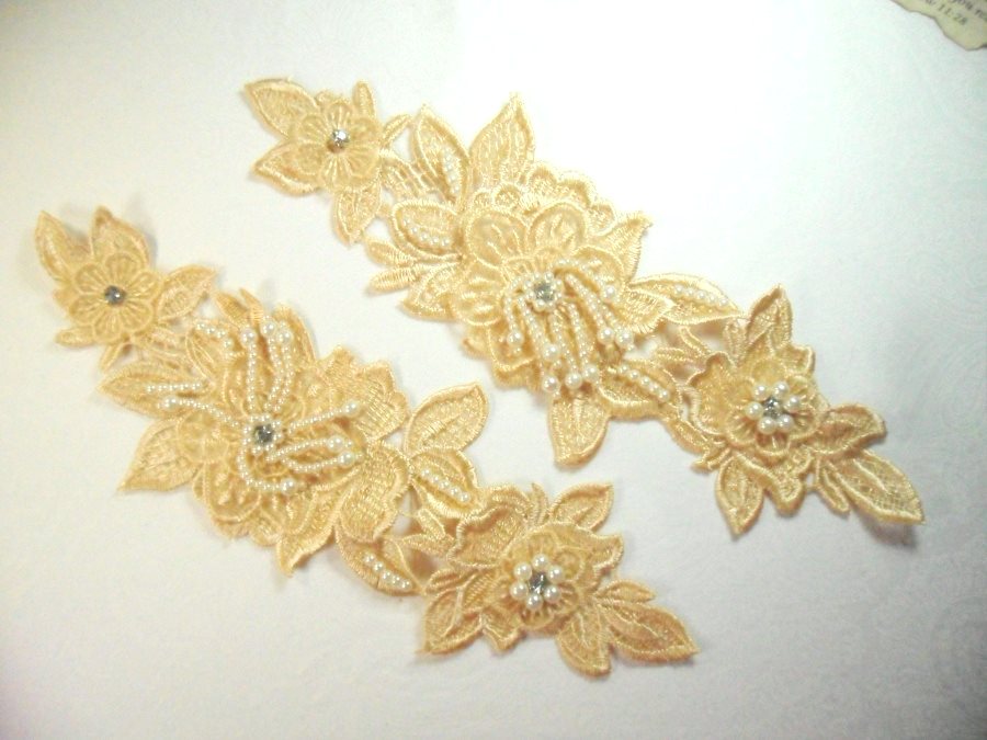 Venice Lace 3D Gold Applique Floral Venise Lace with Crystal Rhinestones and long Pearls Dangles 10 (DH104X)