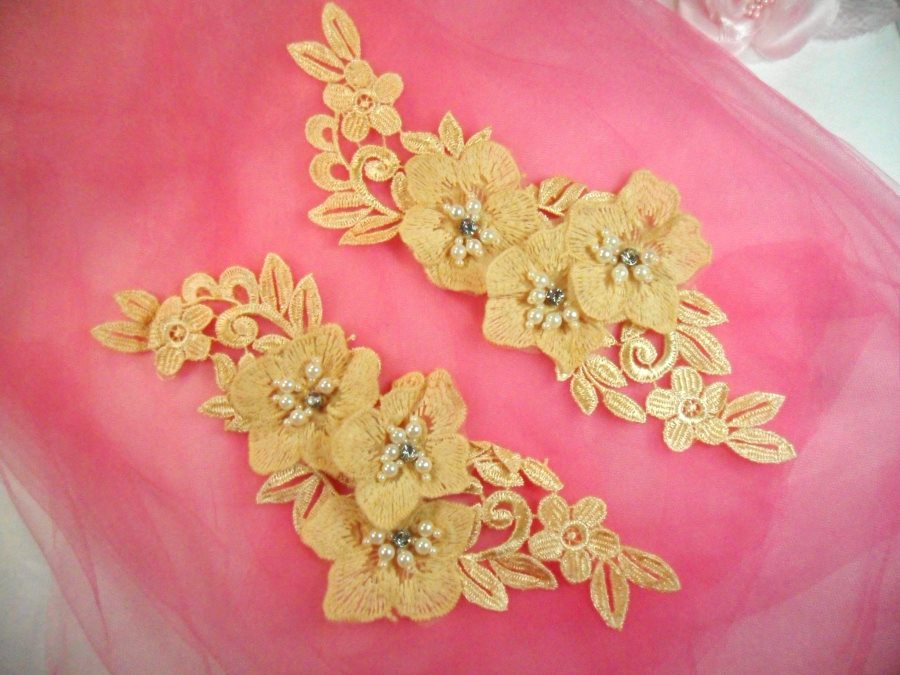 Venice Lace 3D Gold Applique Floral Venise Lace with Crystal Rhinestones and Pearls Dangles 9 (DH105X)