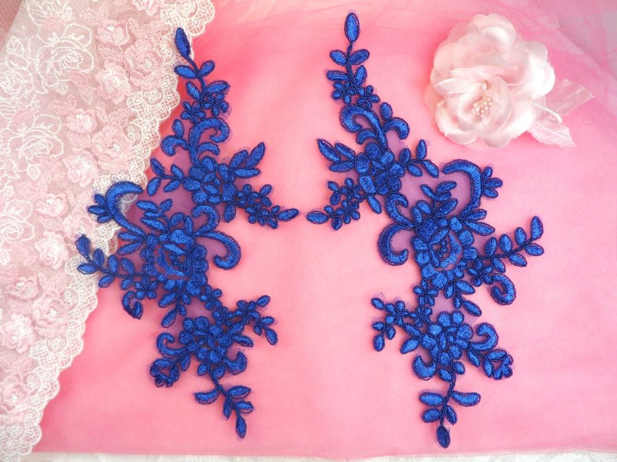 Embroidered Venice Lace Appliques Blue Floral Venice Lace Mirror Pair 9.5 (DH108X)