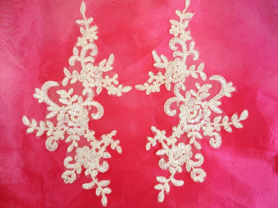 Embroidered Venice Lace Appliques Ivory Floral Venice Lace Mirror Pair 9.5 (DH108X)