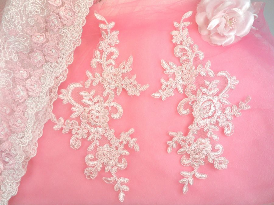 Embroidered Venice Lace Appliques Pink Floral Venice Lace Mirror Pair 9.5 (DH108X)