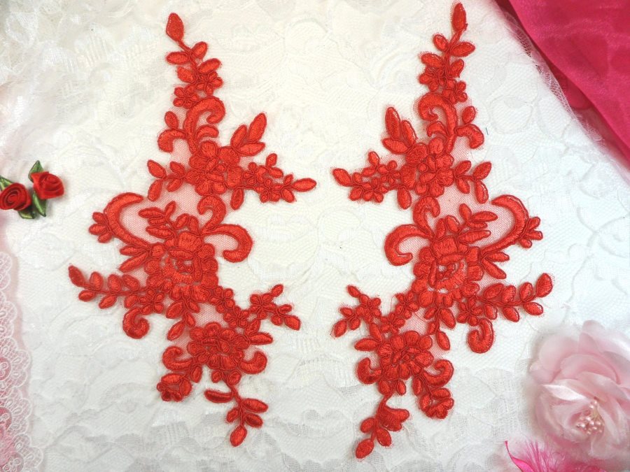 Embroidered Venice Lace Appliques Red Floral Lace Mirror Pair 9.5 (BL131X)
