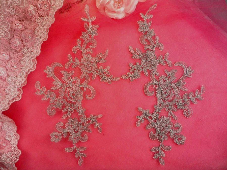 Embroidered Venice Lace Appliques Silver Floral Venice Lace Mirror Pair 9.5 (DH108X)