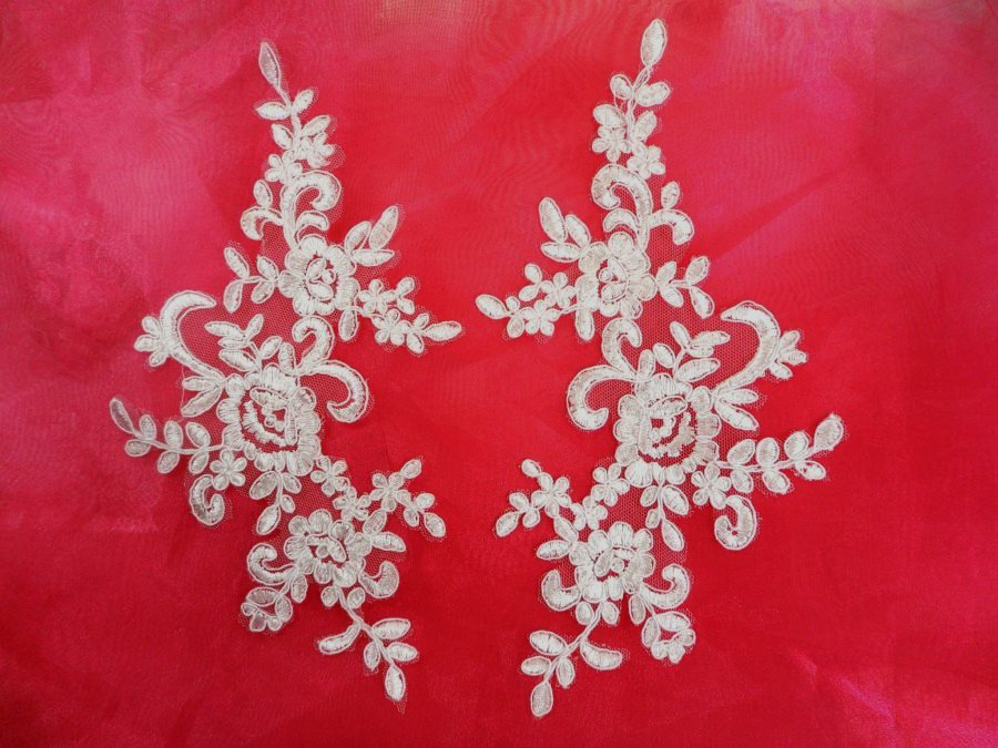 Embroidered Venice Lace Appliques Off White Floral Venice Lace Mirror Pair 9.5 (DH108X)